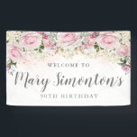 Rustic Pink and White Floral 90th Birthday Banner<br><div class="desc">Rustic and elegant. Blush pink roses,  white hydrangea flowers and lots of greenery,  leaves and vines join together to create a beautiful floral border along the top of this 90th birthday banner.  Please contact me if you need help customising it or finding coordinating items.</div>