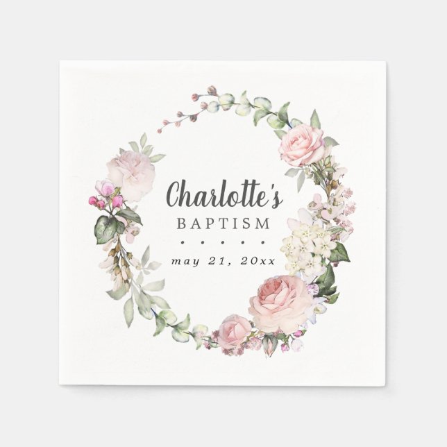 Rustic Pink and White Floral Baptism Napkin (Front)