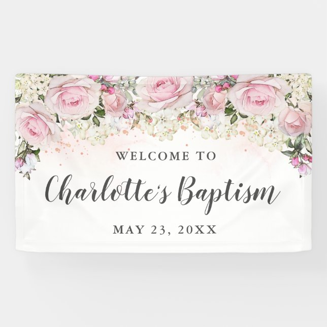 Rustic Pink and White Floral Baptism Party Banner (Horizontal)