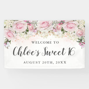 Rustic Pink and White Floral Sweet 16 Party Banner