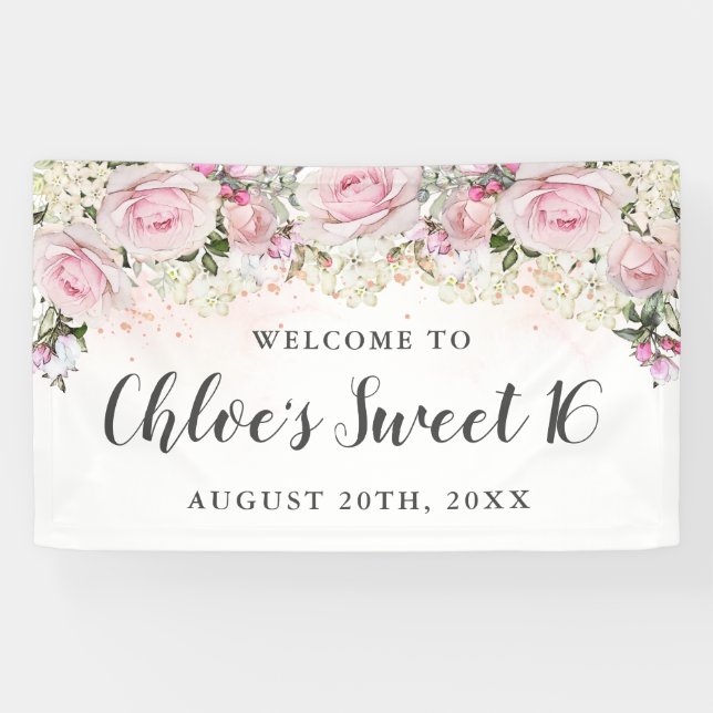Rustic Pink and White Floral Sweet 16 Party Banner (Horizontal)