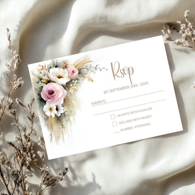 Rustic Pink and White Floral Wedding RSVP Card (Creator Uploaded)