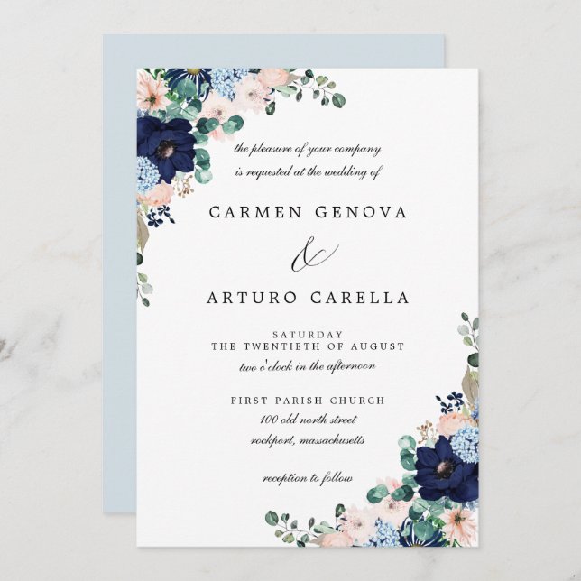 Rustic Pink Blue Eucalyptus Floral Wedding Invitat Invitation (Front/Back)