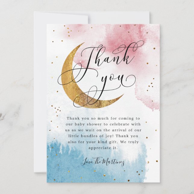 Rustic Pink Blue Gold Moon Stars Baby Shower  Thank You Card (Front)