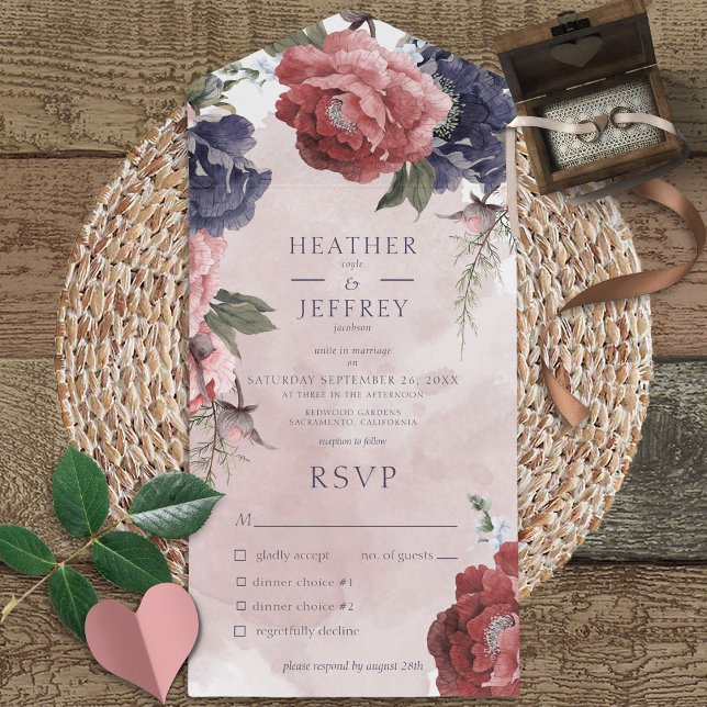 Rustic Pink & Blue Peonies Pink Dinner All In One Invitation (Also available with a QR code or without dinner selection options.)