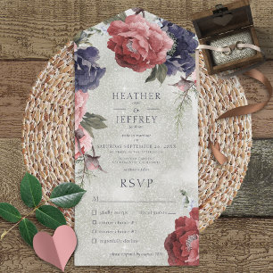 Rustic Pink & Blue Peonies Sage Green Dinner All In One Invitation