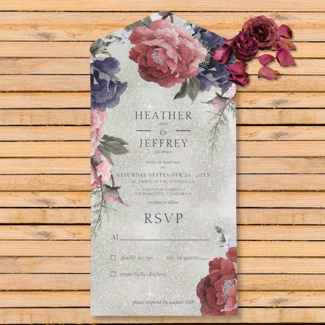 Rustic Pink & Blue Peonies Sage Green No Dinner All In One Invitation (Also available with a QR code or with dinner selection options.)