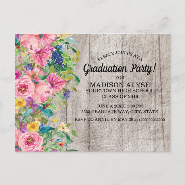 Rustic Pink Blue Watercolor Floral Grad Party Postcard (Front)