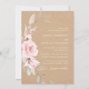 Rustic Pink Blush Elegant Botanical Floral Wedding Invitation