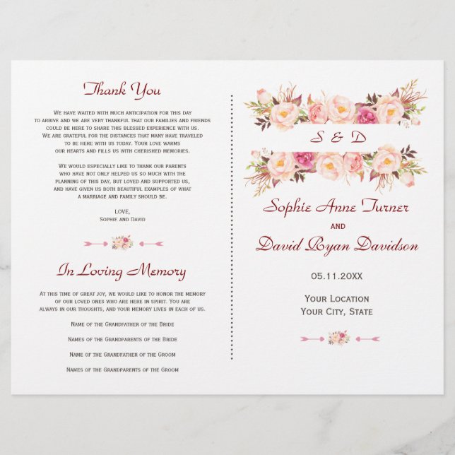 Rustic Pink Blush Flowers Frame Wedding Program (Front)