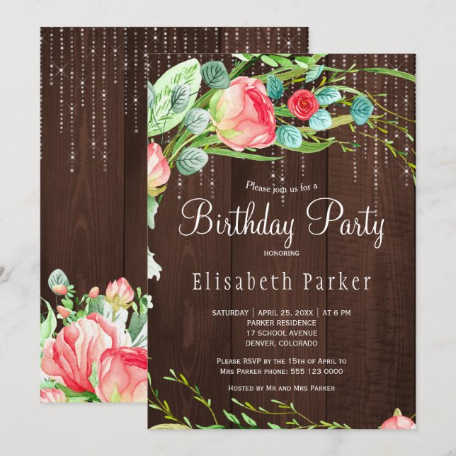 Rustic pink blush garden roses birthday party invitation (Front/Back)