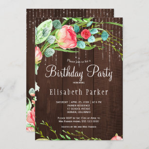 Rustic pink blush garden roses birthday party invitation