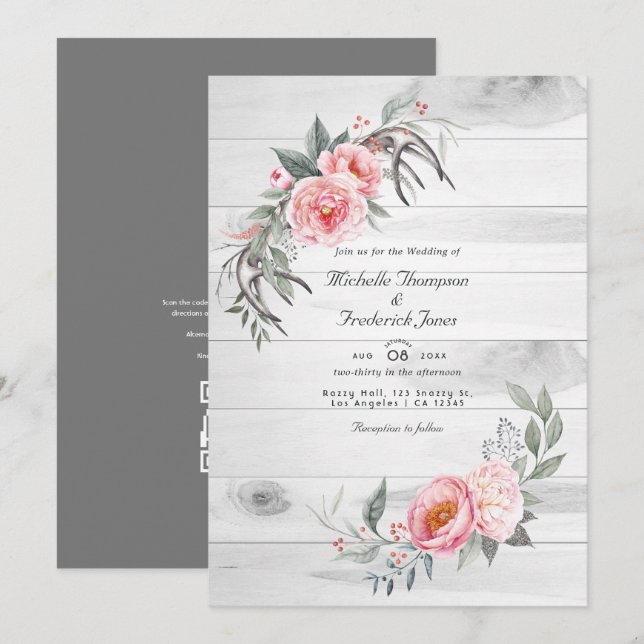 Rustic Pink Boho Floral QR Code RSVP Wedding Invitation (Front/Back)