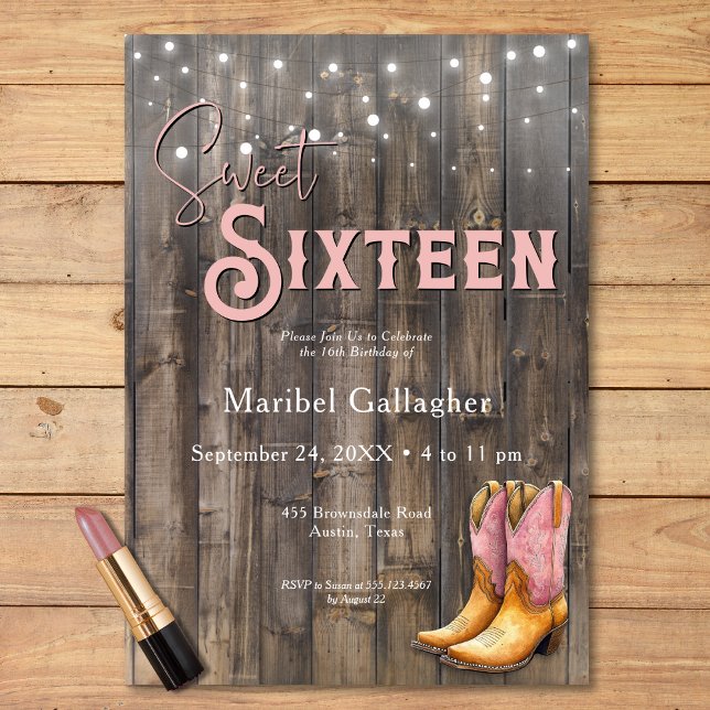 Rustic Pink Boots Cowgirl Sweet 16 Birthday Invitation (Rustic Pink Boots Cowgirl Sweet 16 Birthday Invitation)