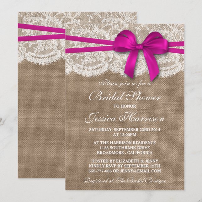 Rustic Pink Bow, Burlap & Lace Bridal Shower Invitation (Front/Back)