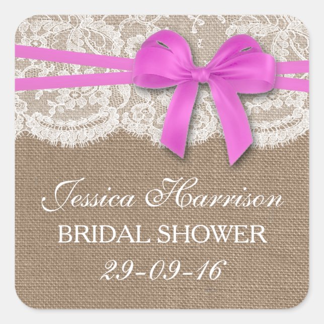 Rustic Pink Bow, Burlap & Lace Bridal Shower Square Sticker (Front)