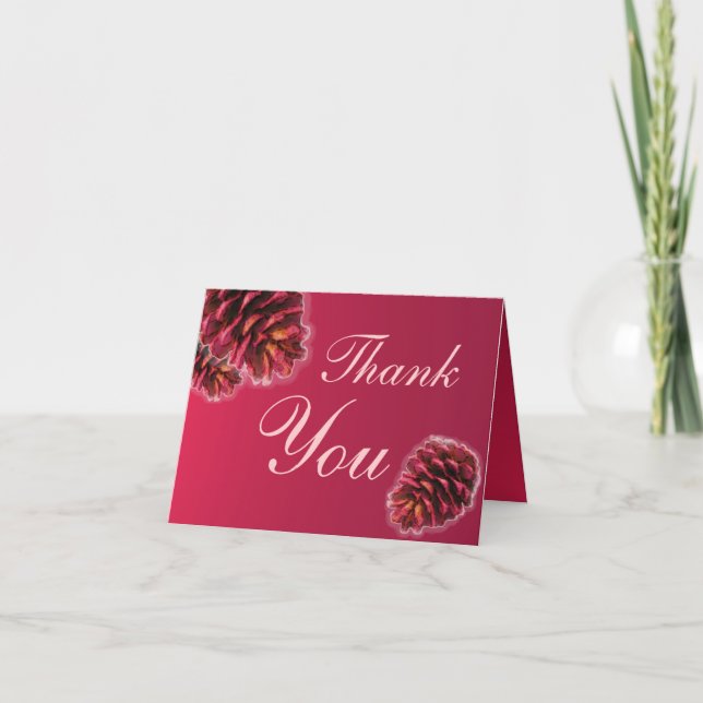 Rustic pink brown pine cone thank you cards (Front)