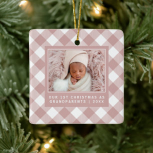 Rustic Pink Buffalo Plaid 1st Grandparents Photo Ceramic Ornament