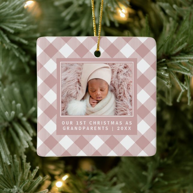 Rustic Pink Buffalo Plaid 1st Grandparents Photo Ceramic Ornament (Tree)