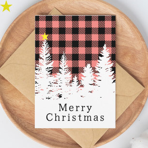 Rustic Pink Buffalo Plaid Forest Merry Christmas Card