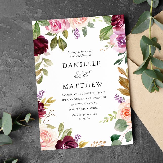 Rustic Pink Burgundy and Purple Floral Wedding Invitation (Creator Uploaded)