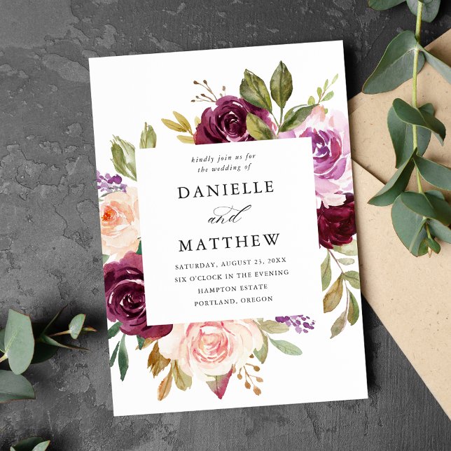 Rustic Pink Burgundy and Purple Floral Wedding Invitation (Creator Uploaded)