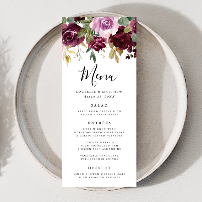 Rustic Pink Burgundy and Purple Floral Wedding Menu (Creator Uploaded)