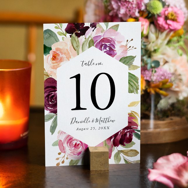 Rustic Pink Burgundy and Purple Floral Wedding Table Number (Creator Uploaded)