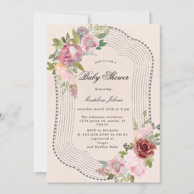 rustic pink burgundy floral baby shower invitation (Front)