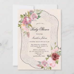 rustic pink burgundy floral baby shower invitation