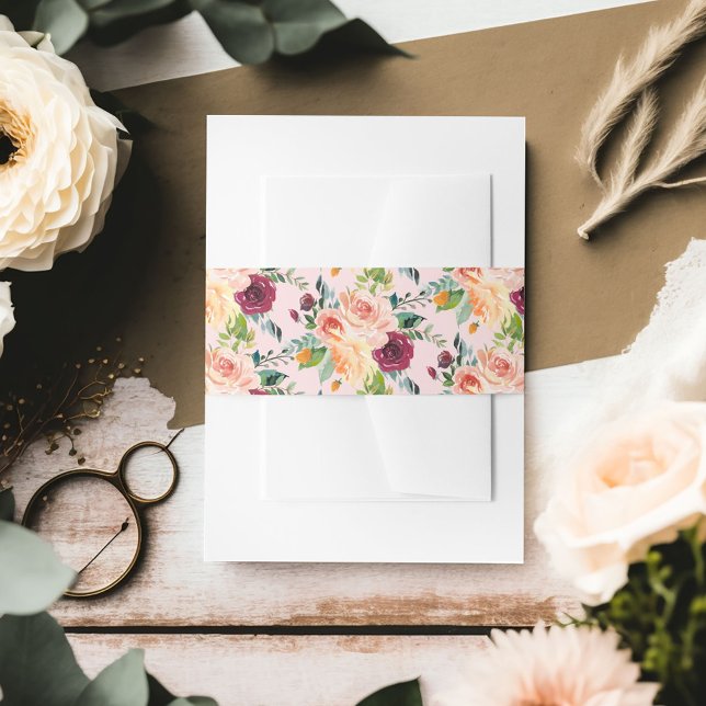 Rustic Pink Burgundy Floral Pattern Fall Wedding Invitation Belly Band (Creator Uploaded)