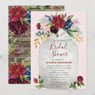 Rustic Pink Burgundy Gold Mason Jar Bridal Shower Invitation