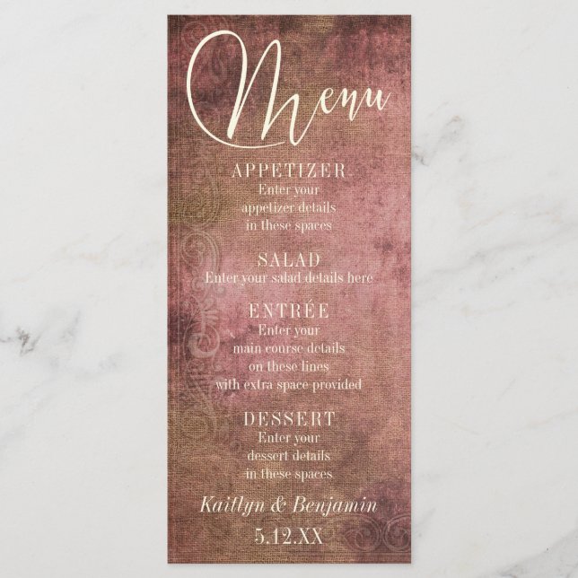 Rustic Pink & Burlap Rustic Vintage Wedding Menu (Front)