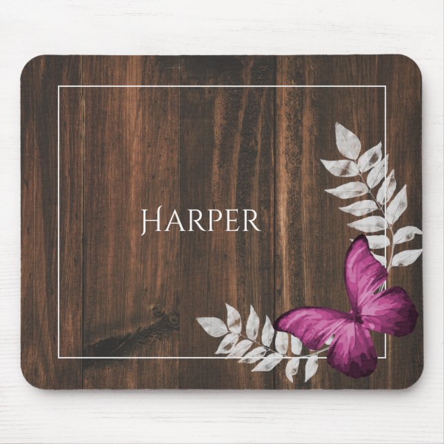Rustic Pink Butterfly Personalised Mouse Pad (Front)