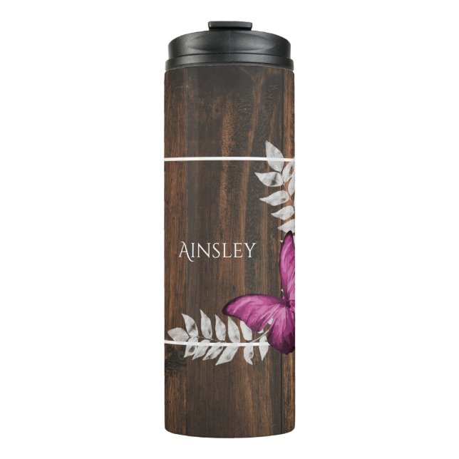 Rustic Pink Butterfly Personalised Thermal Tumbler (Front)
