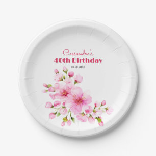 Rustic Pink Cherry Blossom Sakura Floral Birthday Paper Plate