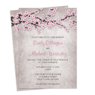 Rustic Pink Cherry Blossom Wedding Invitations