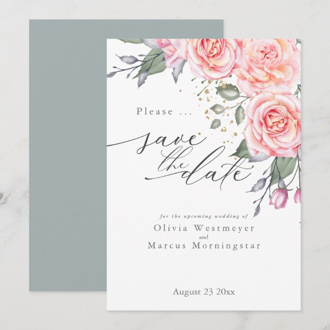 Rustic Pink Cottage Roses Save the Date Invitation (Front/Back)