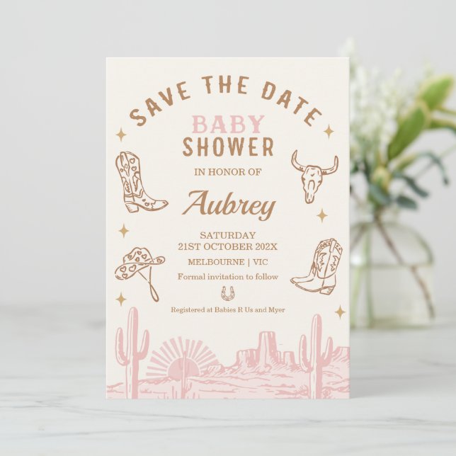 Rustic Pink Cowgirl Baby Shower Save The Date Card (Standing Front)