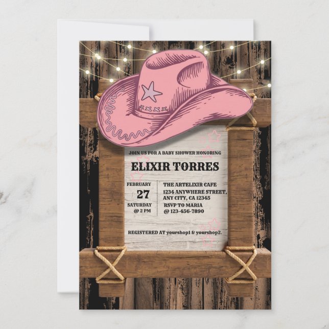 Rustic Pink Cowgirl Hat Baby Shower  Invitation (Front)