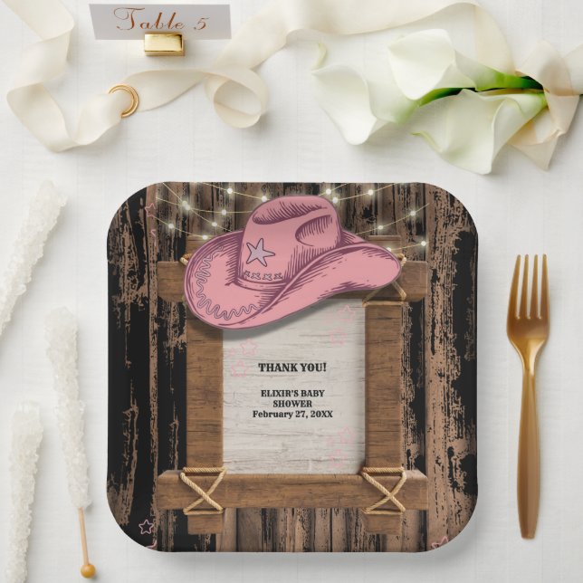 Rustic Pink Cowgirl Hat Baby Shower  Paper Plate (Wedding)