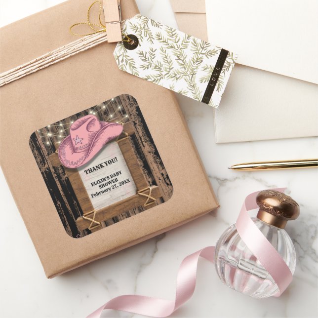 Rustic Pink Cowgirl Hat Baby Shower  Square Sticker (Gifting)