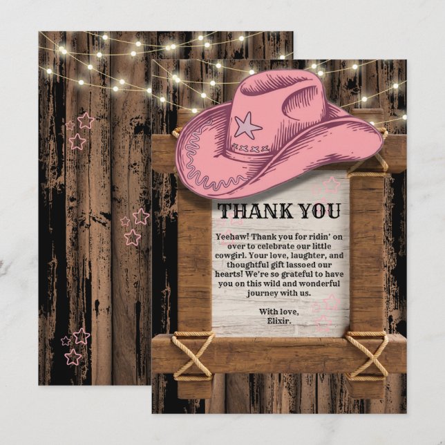 Rustic Pink Cowgirl Hat Baby Shower  Thank You Card (Front/Back)