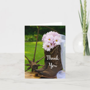 Rustic Pink Daisies Cowboy Boots Wedding Thank You