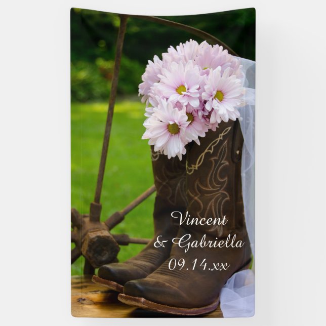 Rustic Pink Daisies Cowboy Boots Western Wedding Banner (Vertical)