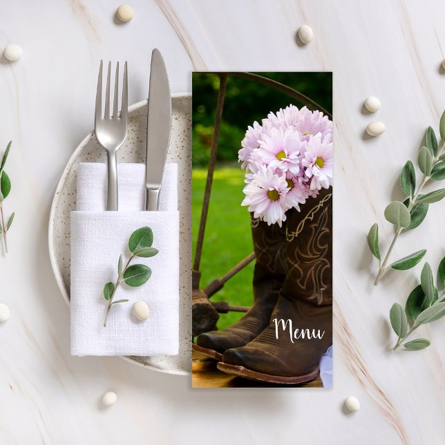 Rustic Pink Daisies Cowboy Boots Western Wedding Menu (Creator Uploaded)