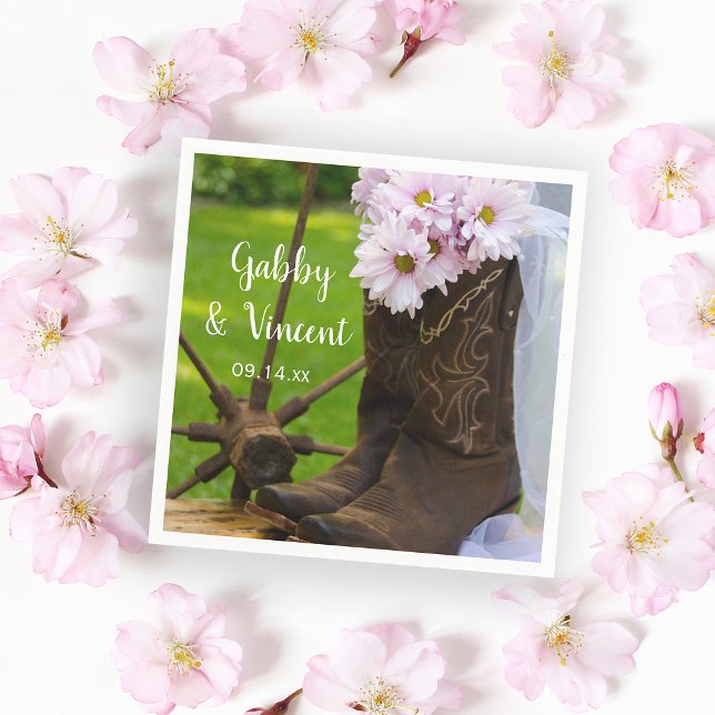 Rustic Pink Daisies Cowboy Boots Western Wedding Napkin (Creator Uploaded)