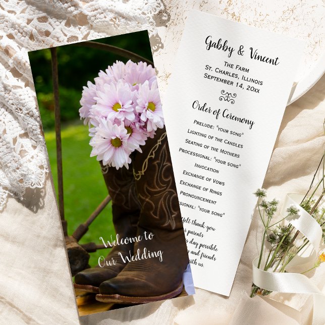 Rustic Pink Daisies Cowboy Boots Western Wedding Programme (Creator Uploaded)