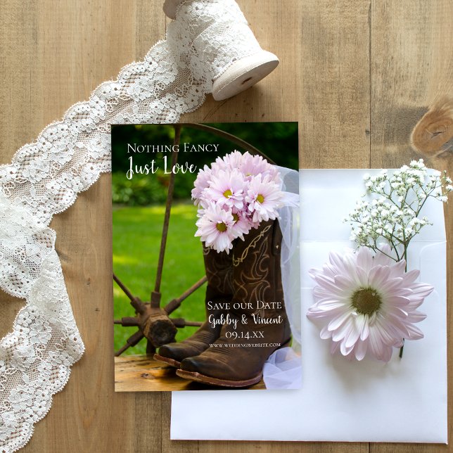 Rustic Pink Daisies Cowboy Boots Western Wedding Save The Date (Creator Uploaded)