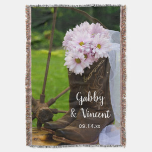 Rustic Pink Daisies Cowboy Boots Western Wedding Throw Blanket